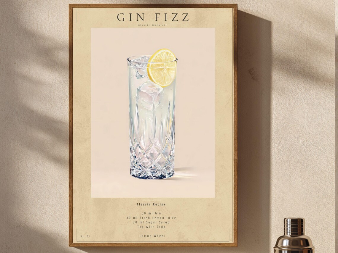 Gin Fizz Classic Cocktail Recipe Illustration Bar Cart Poster