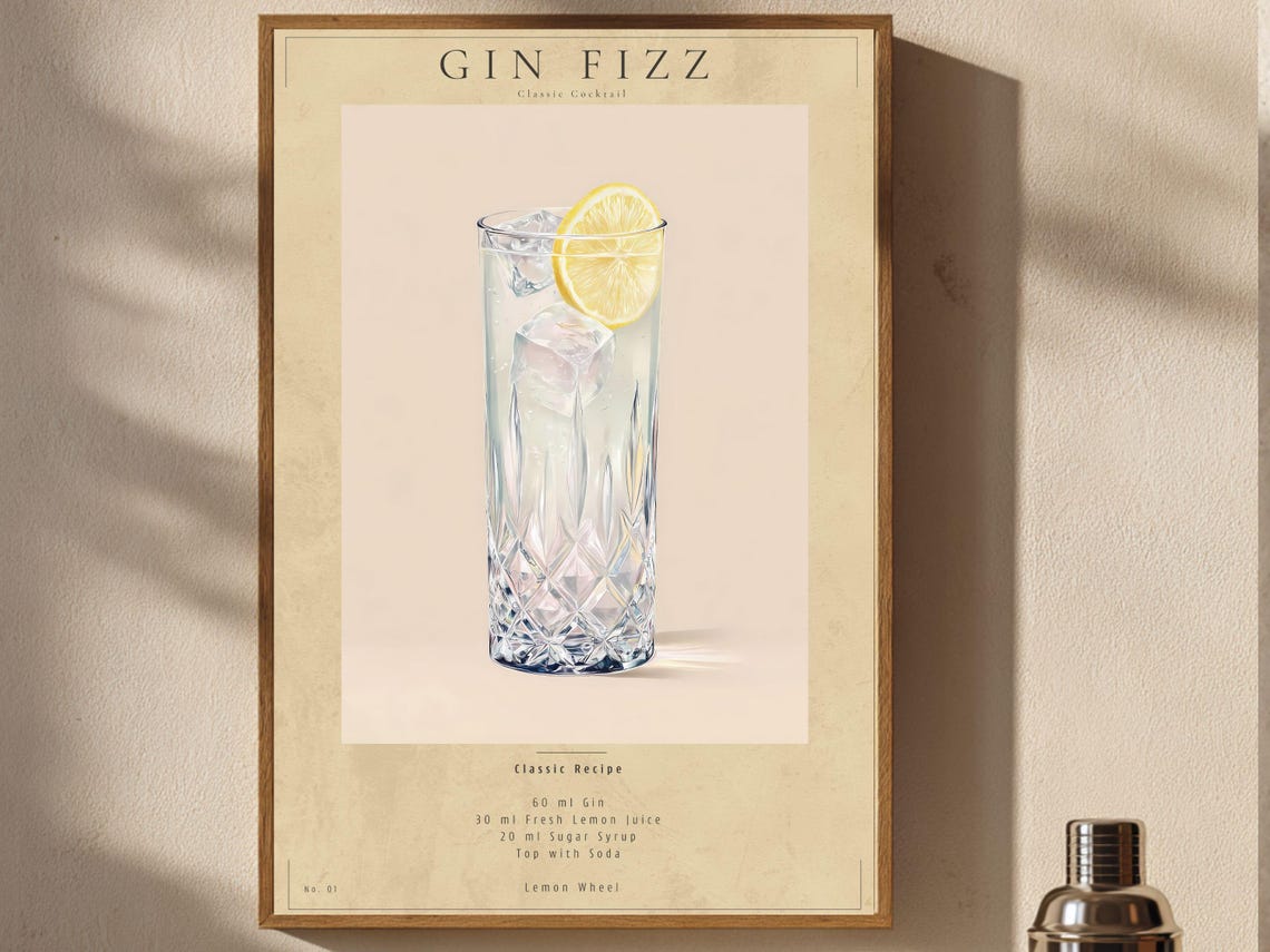 Gin Fizz Poster Vintage Cocktail Wall Art Bar Cart Decor Printable Download