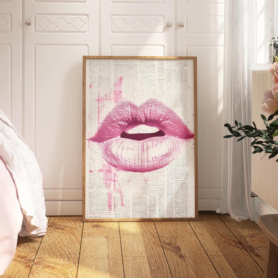 Bold Pink Lips Pop Art Over Newspaper Background Beauty Wall Art