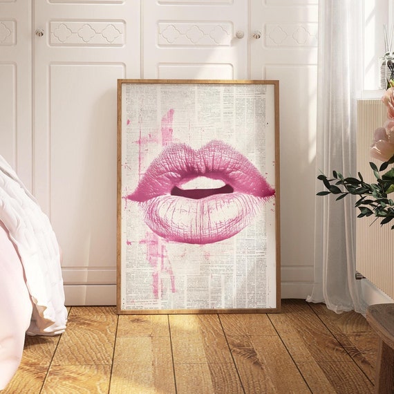 Retro Pink Lip Poster Trendy Newspaper Poster Print Preppy Room Decor Apartment Aesthetic Bar Cart Art Gift For Her