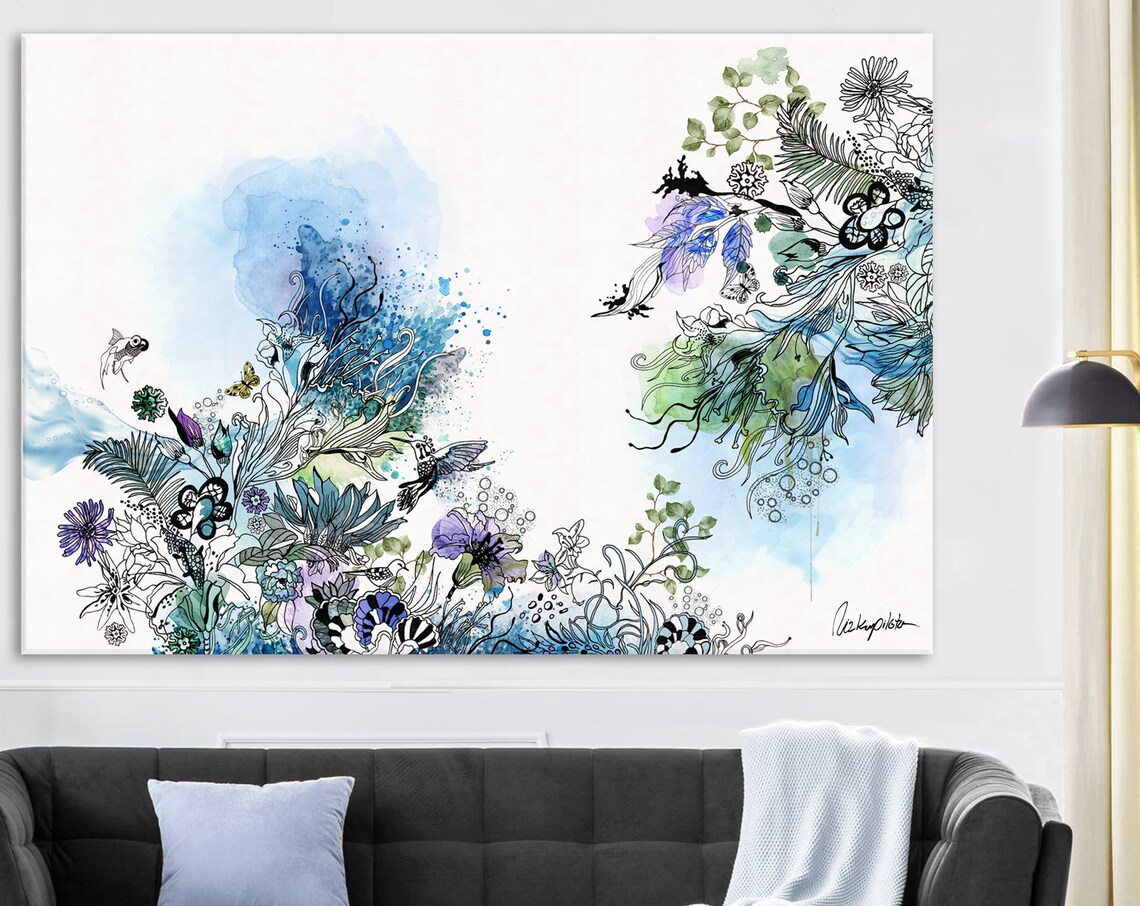 Blue Abstract Ocean Painting, Watercolor Wall Art