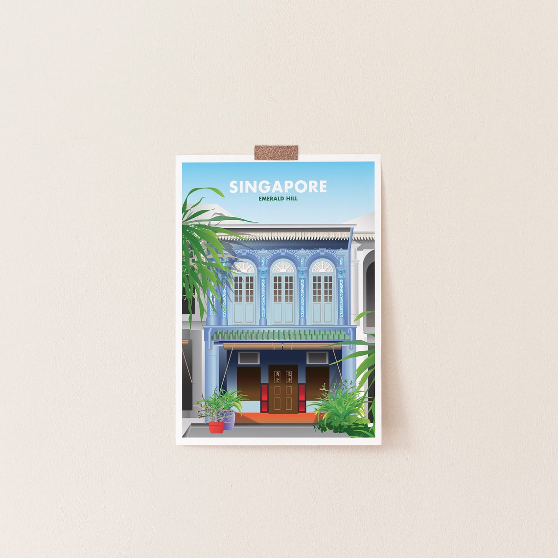 Singapore Emerald Hill Blue Peranakan Shophouse Illustration Poster - Image 4