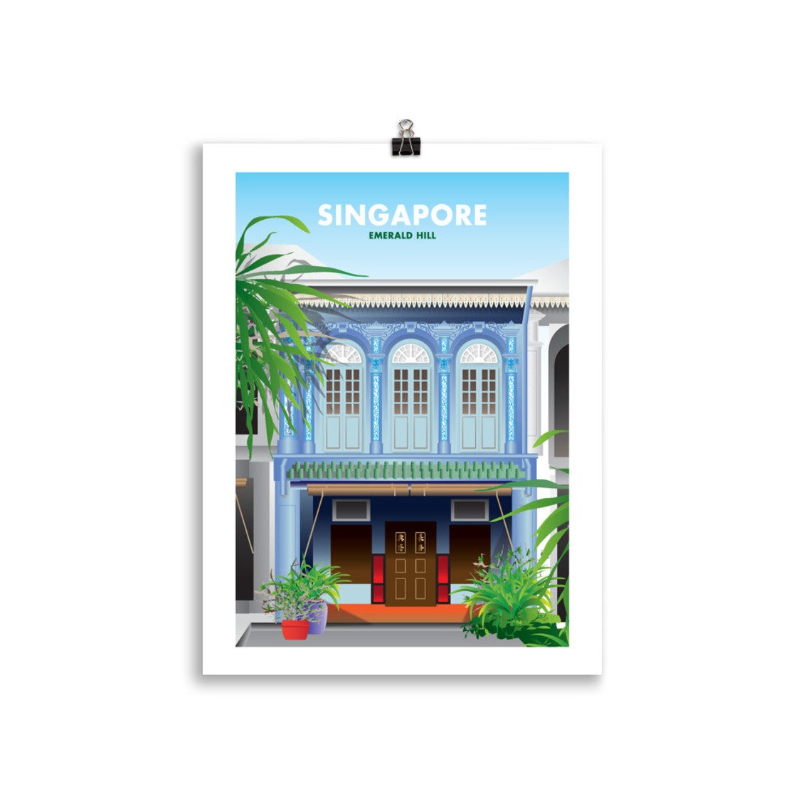 Singapore Emerald Hill Blue Peranakan Shophouse Illustration Poster - Image 3