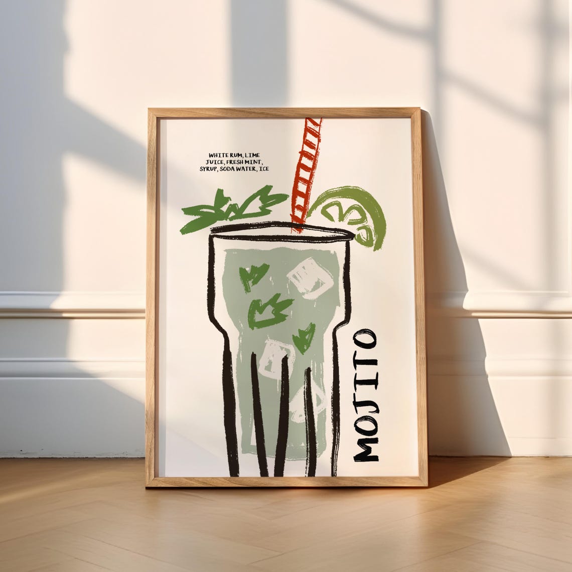 Mojito Cocktail Recipe Poster Retro Kitchen Bar Art With Mint Lime