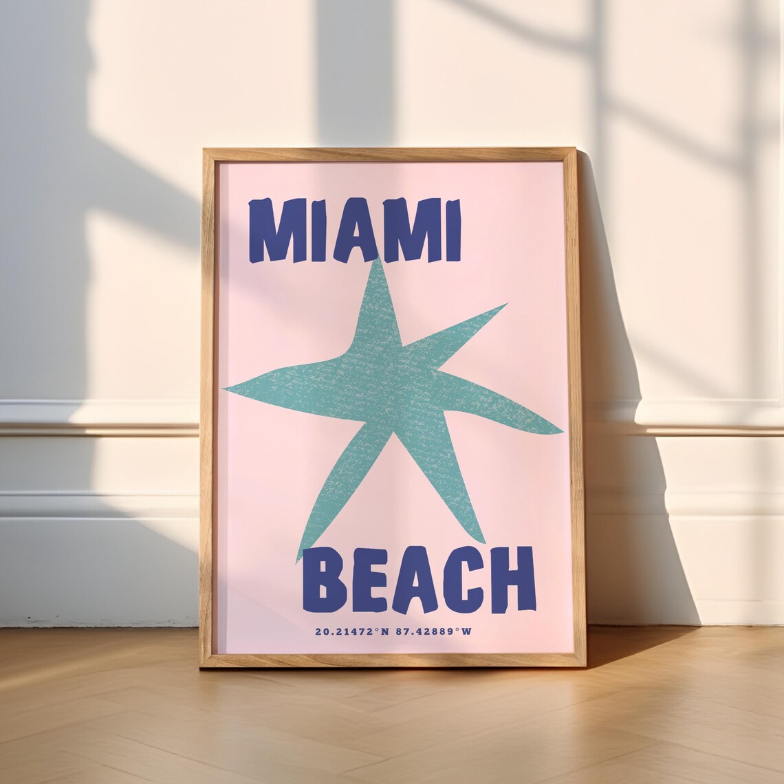 Miami Beach Travel Poster, Pink Blue Funky Art