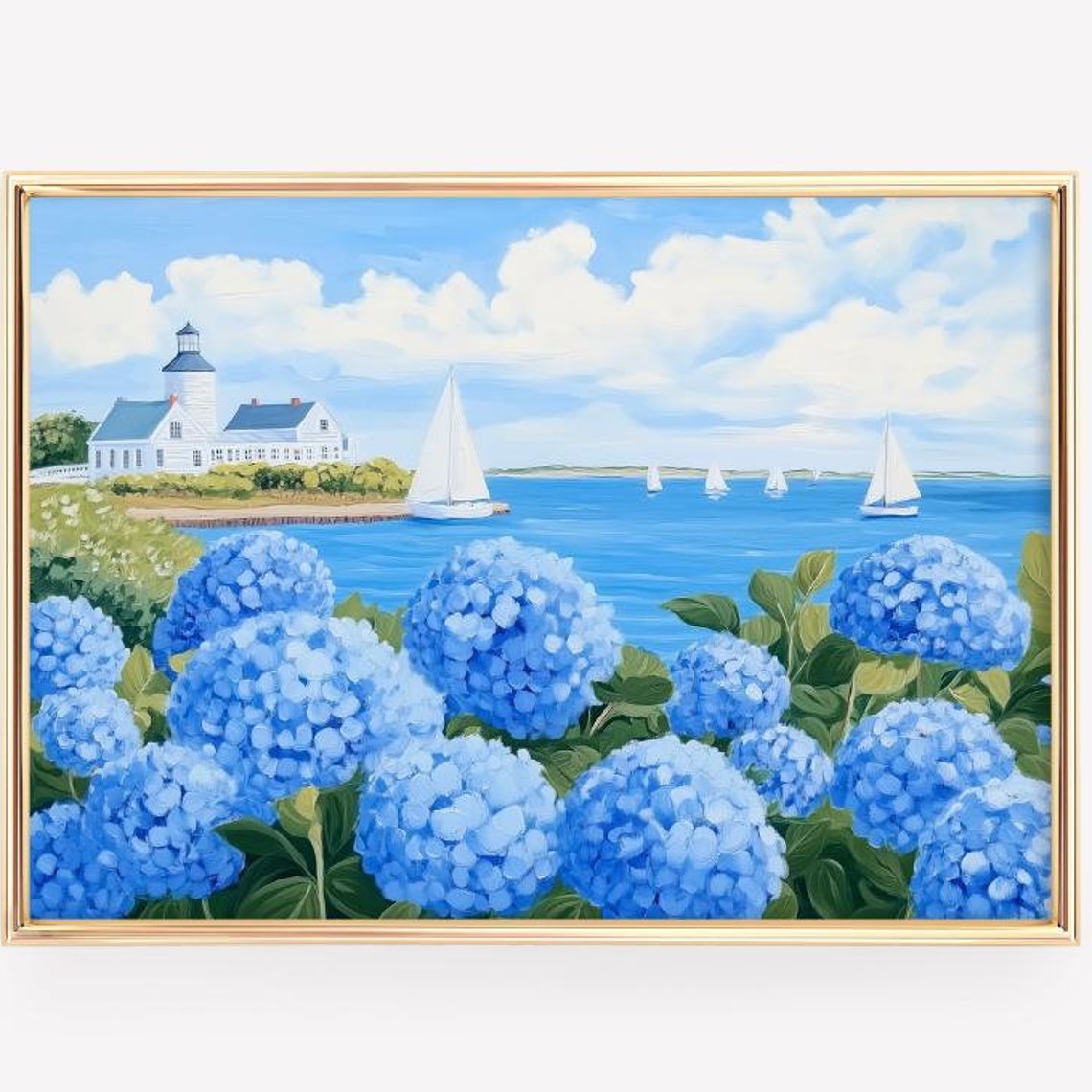 Lighthouse Seaside Painting Blue Hydrangea Coastal Art Print