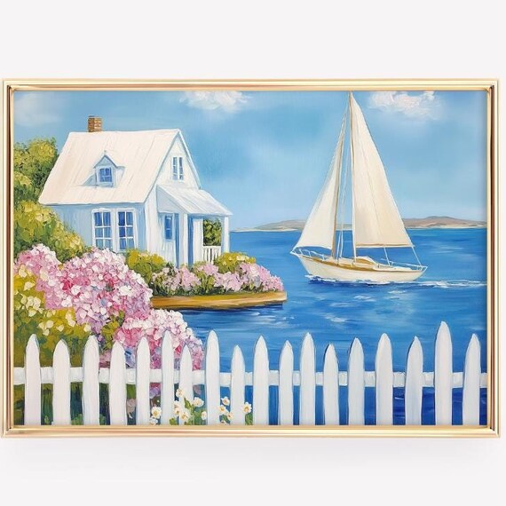 White Beach Cottage Painting Picket Fence Hydrangea Coastal Poster