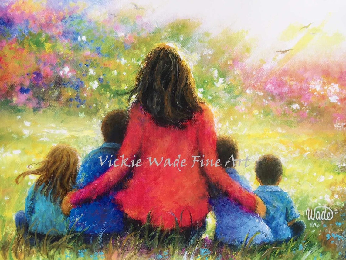 Mother with Four Young Children Sitting in a Flower Garden Poster