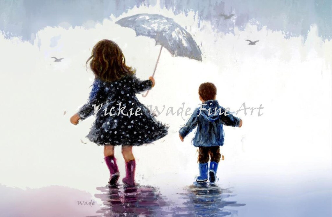 Big Sister Holding an Umbrella for Her Little Brother in Rain Poster