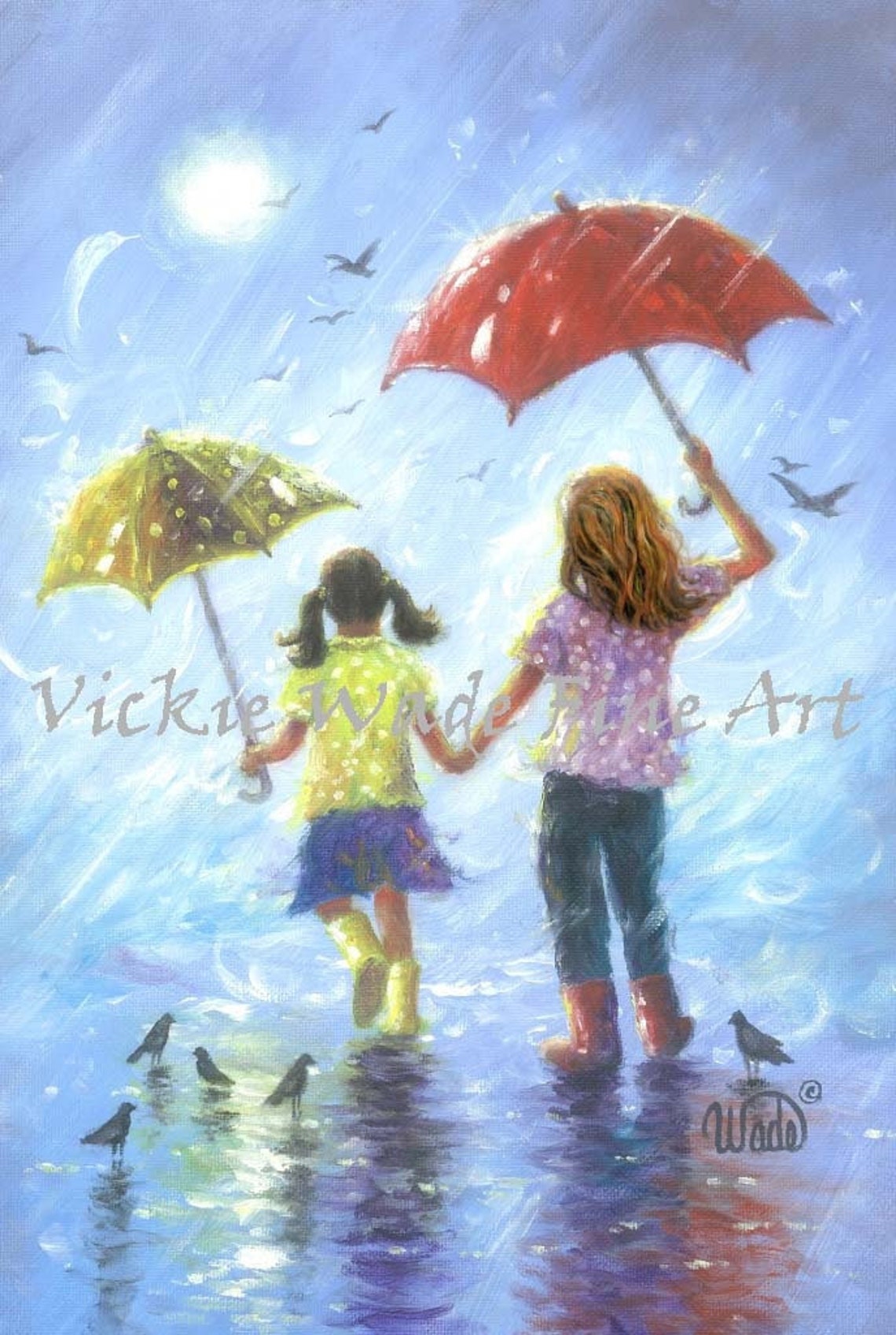 Rain Sisters Art Print Two Sisters Girls Room Wall Art Two Girls Little Sis Brunette Big Sis Redhead Red Hair Rain Girls Vickie Wade Art
