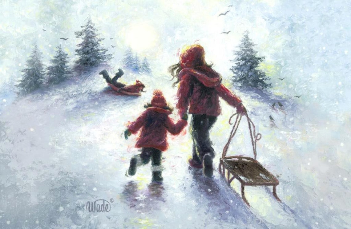 Two Children Racing Their Sleds Through the Snowy Woods Poster
