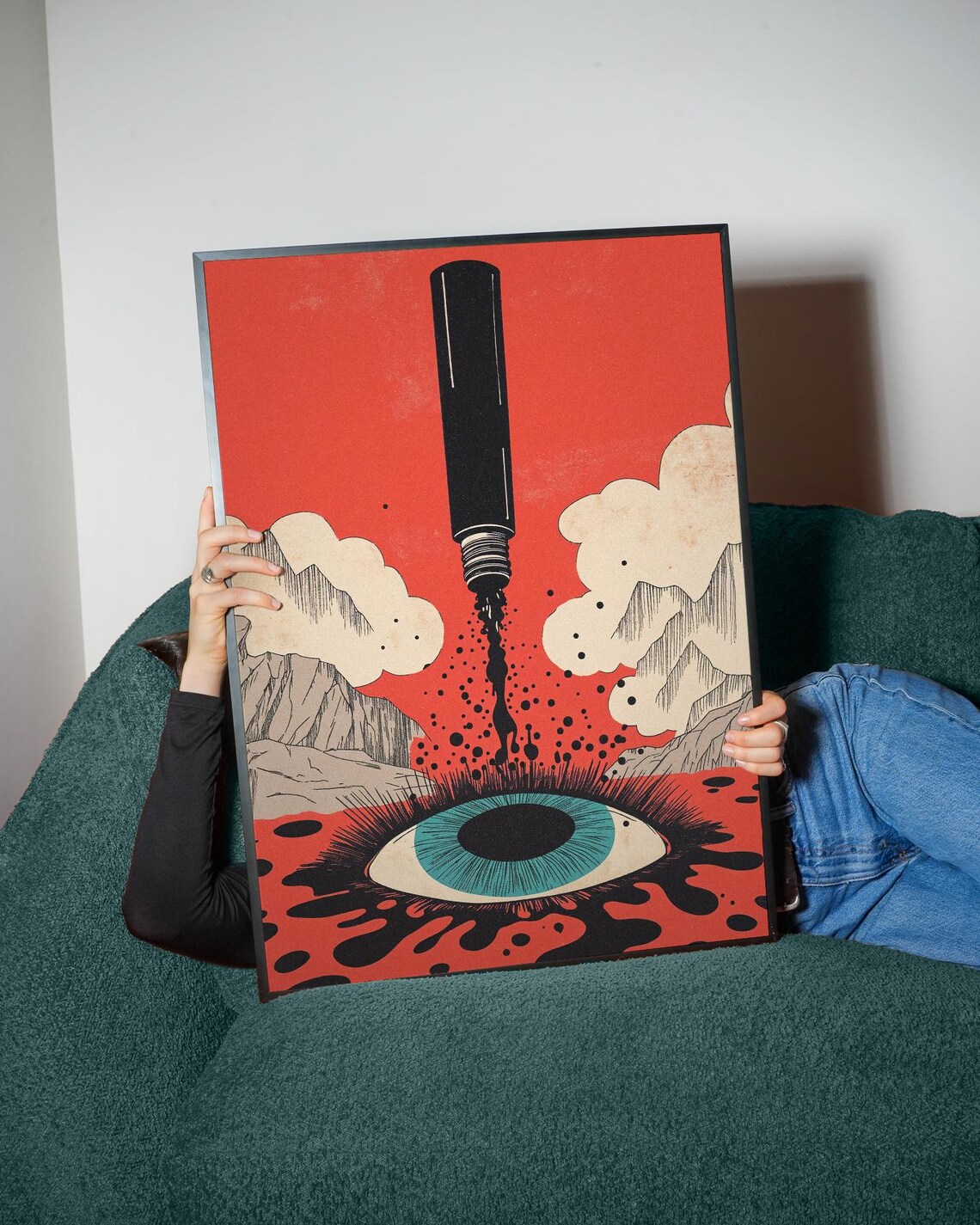 Surreal Comic Pop Eye Ink Marker Red Sky Bold Graphic Art Poster