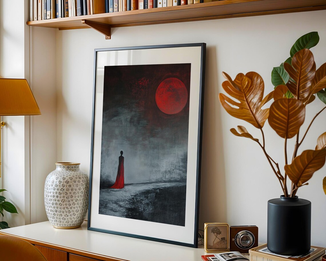 Dark Fantasy Red Moon Gothic Surreal Lonely Woman Art Poster - Image 5