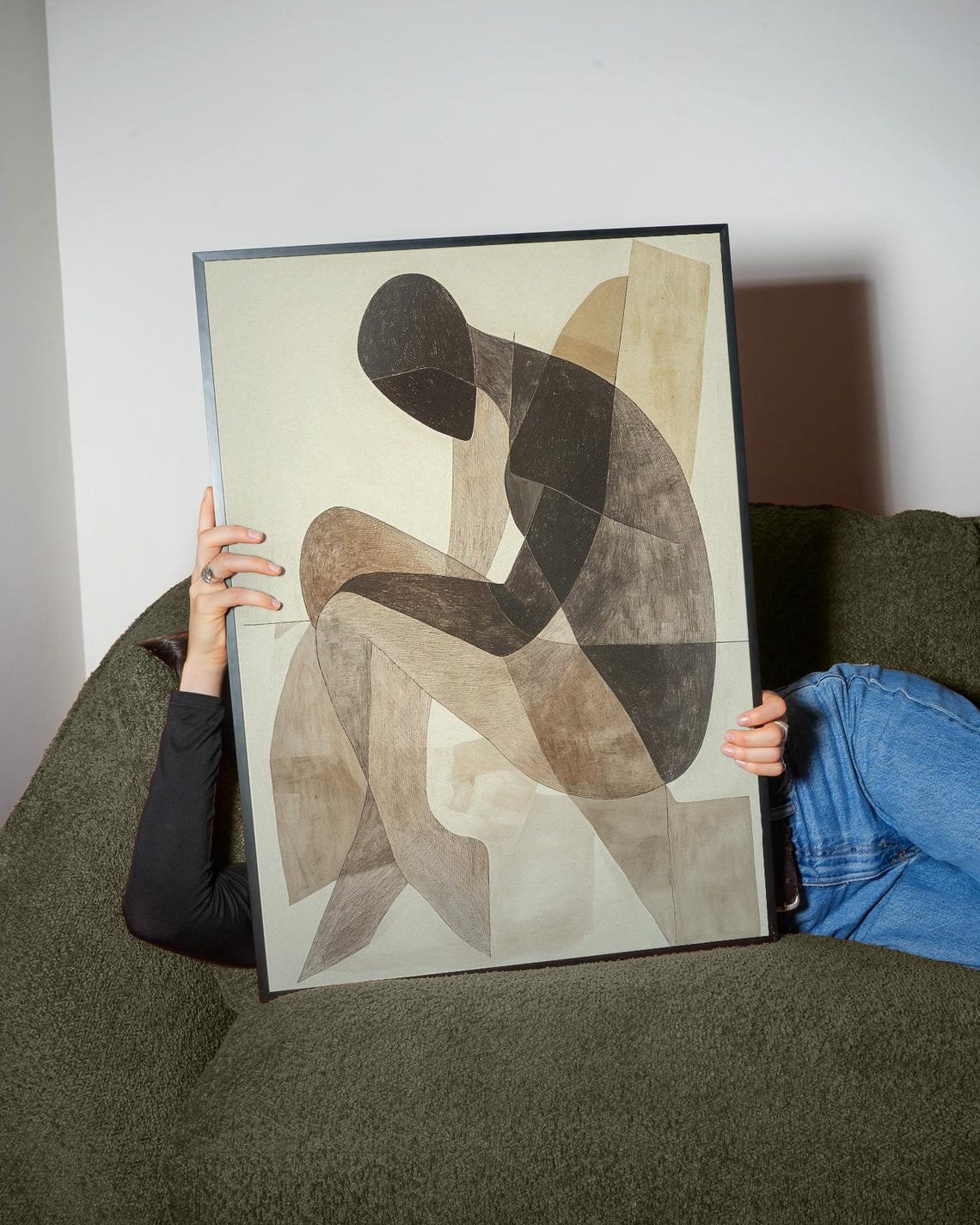 Cubist Figure In Thought Neutral Beige Abstract Seated Form Art Poster - Image 5