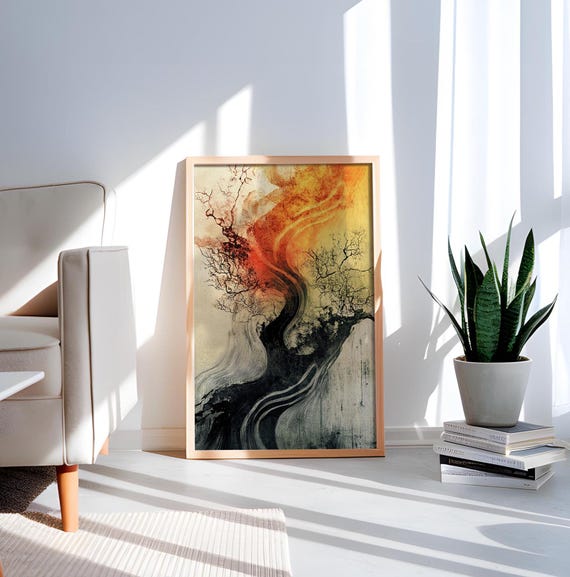 Burning Tree Art Print Abstract Fiery Nature Wall Surreal Landscape Decor