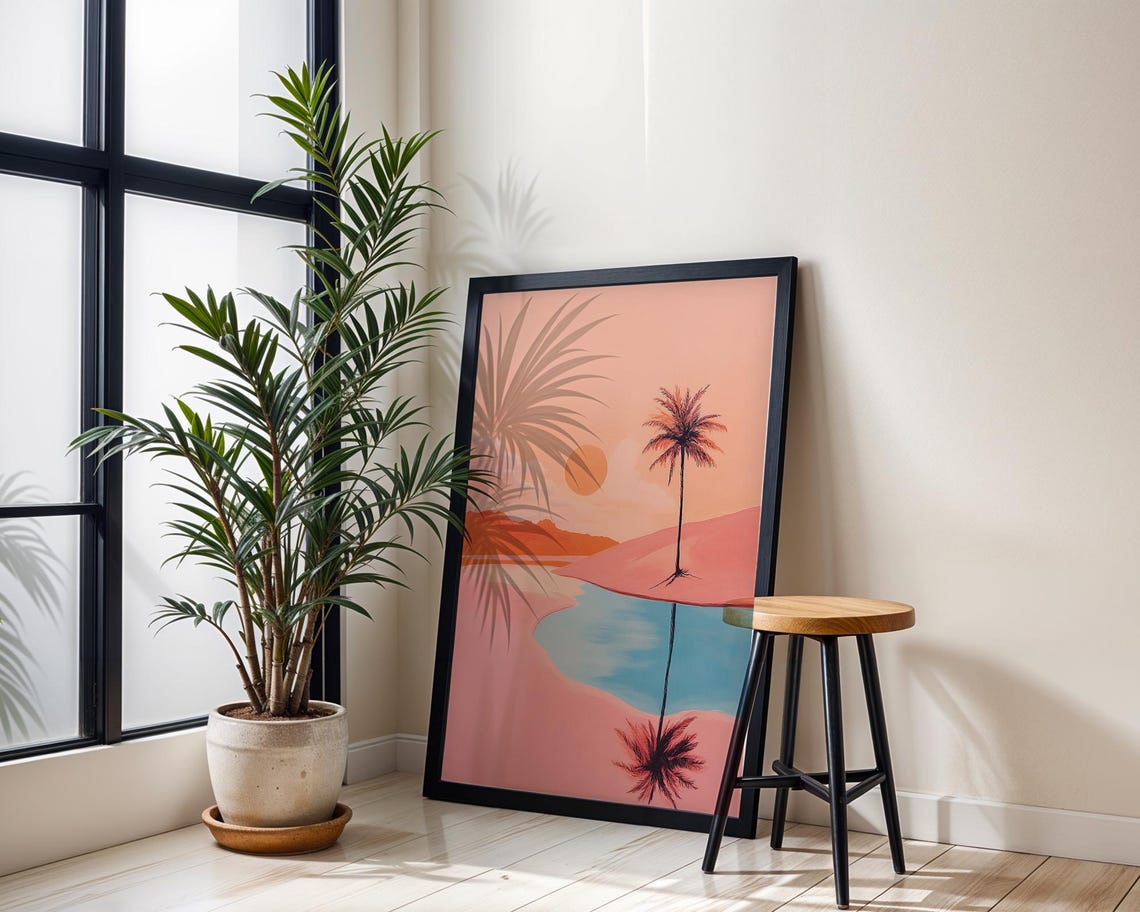 Retro Desert Palm Sunset Reflection Pastel Travel Wall Poster - Image 4