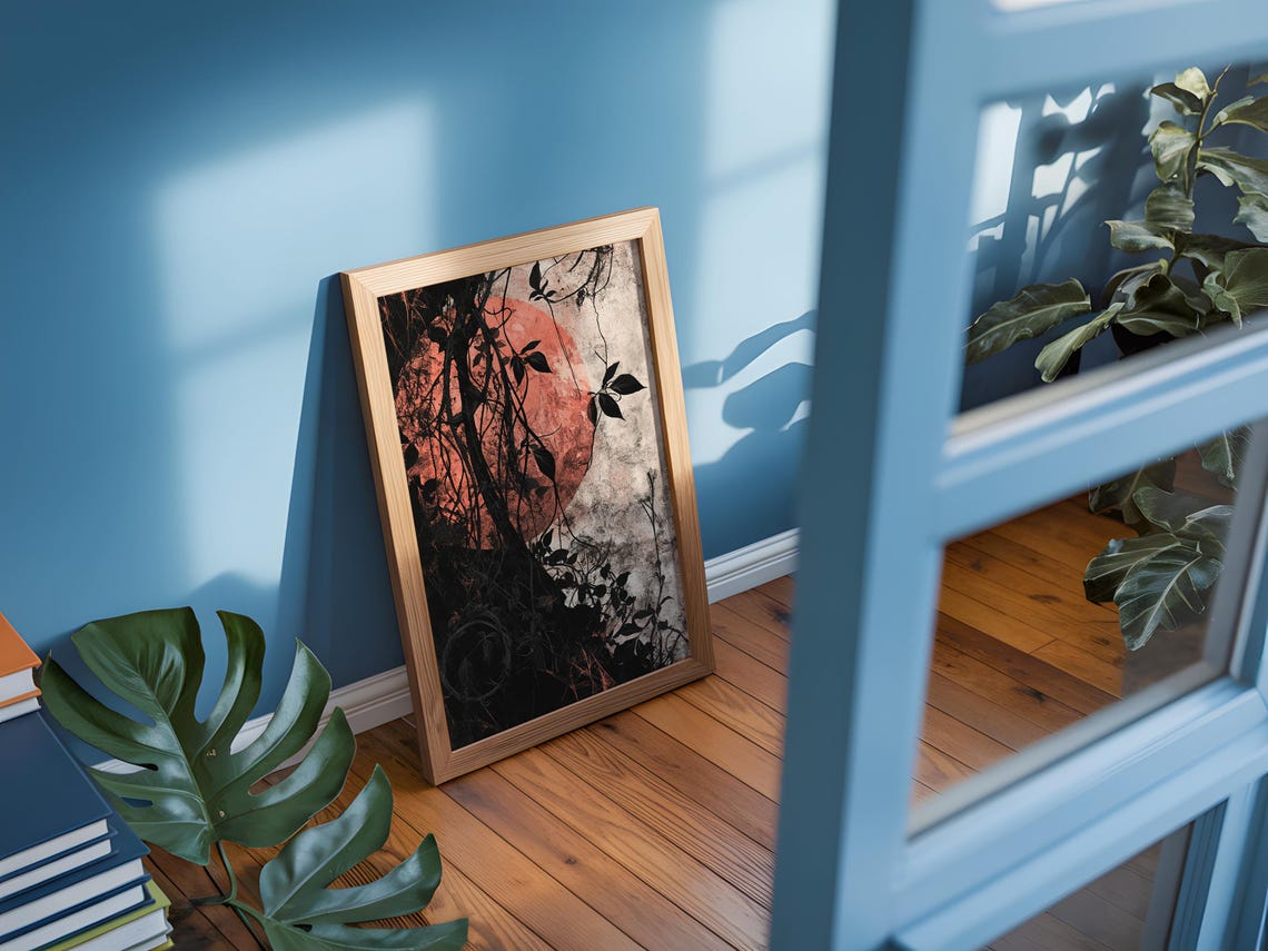 Red Sun Dark Tree Branch Moody Grunge Nature Art Poster Design - Image 3
