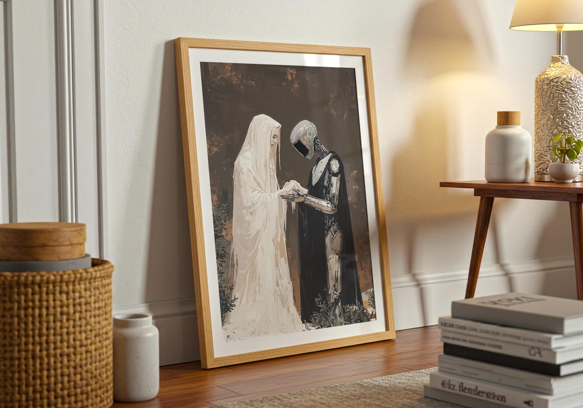 Ghostly Veiled Figure Holding Hands with a Cloaked Robot Art Poster - Image 3