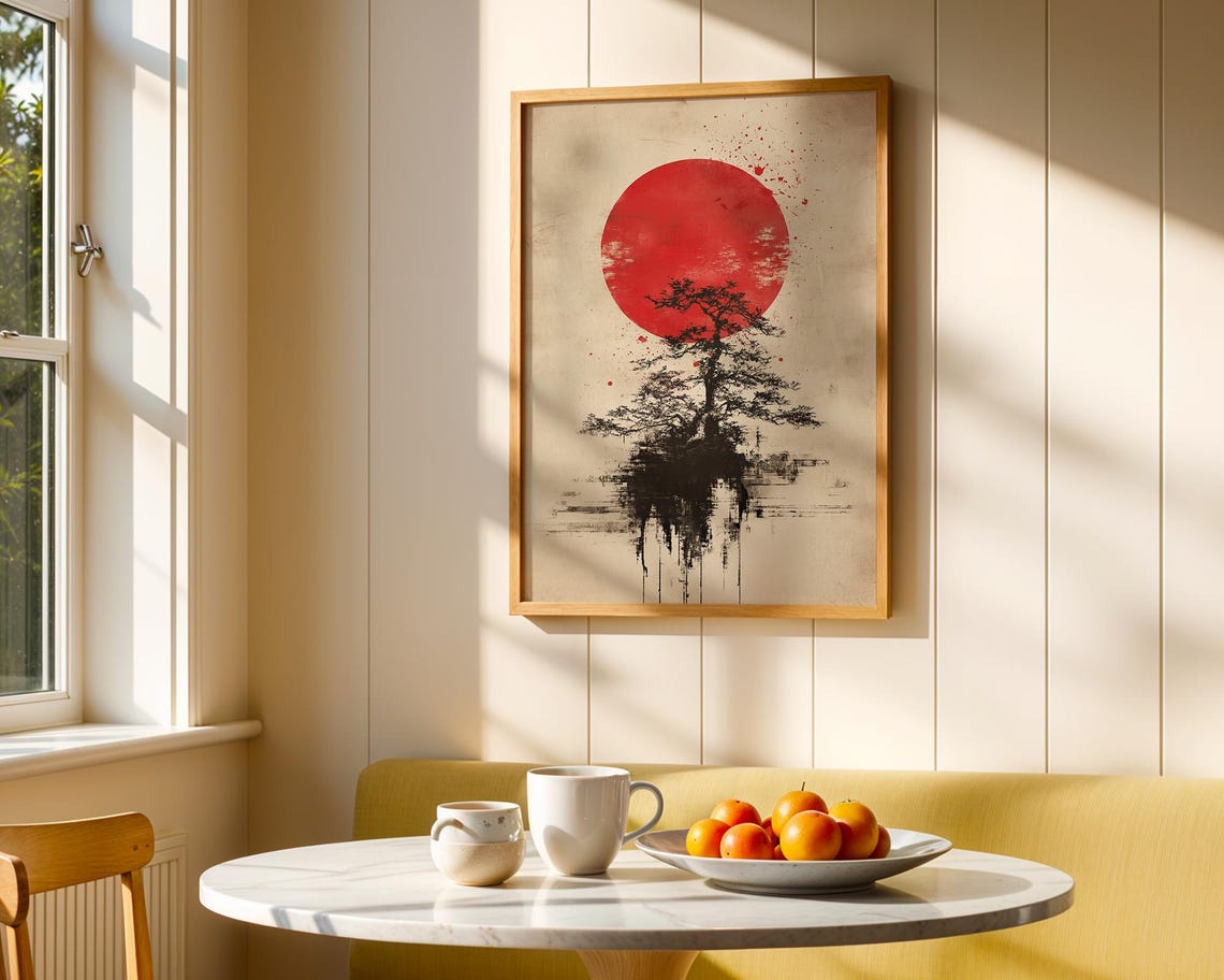 Japanese Sun Art Print, Bonsai Tree Zen Ink Wash - Image 4