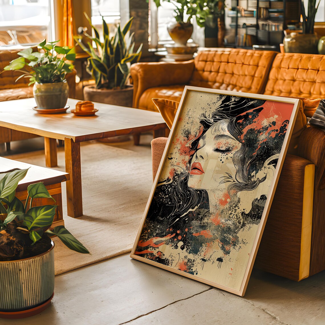 Dreamy Expressive Woman Portrait Coral Ink Splash Art Wall Poster - Image 3