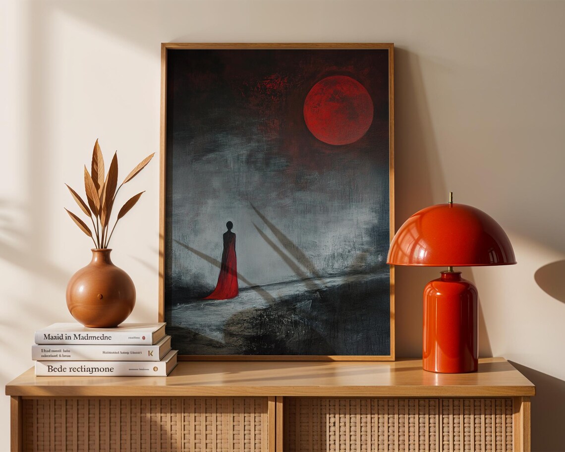 Dark Fantasy Red Moon Gothic Surreal Lonely Woman Art Poster