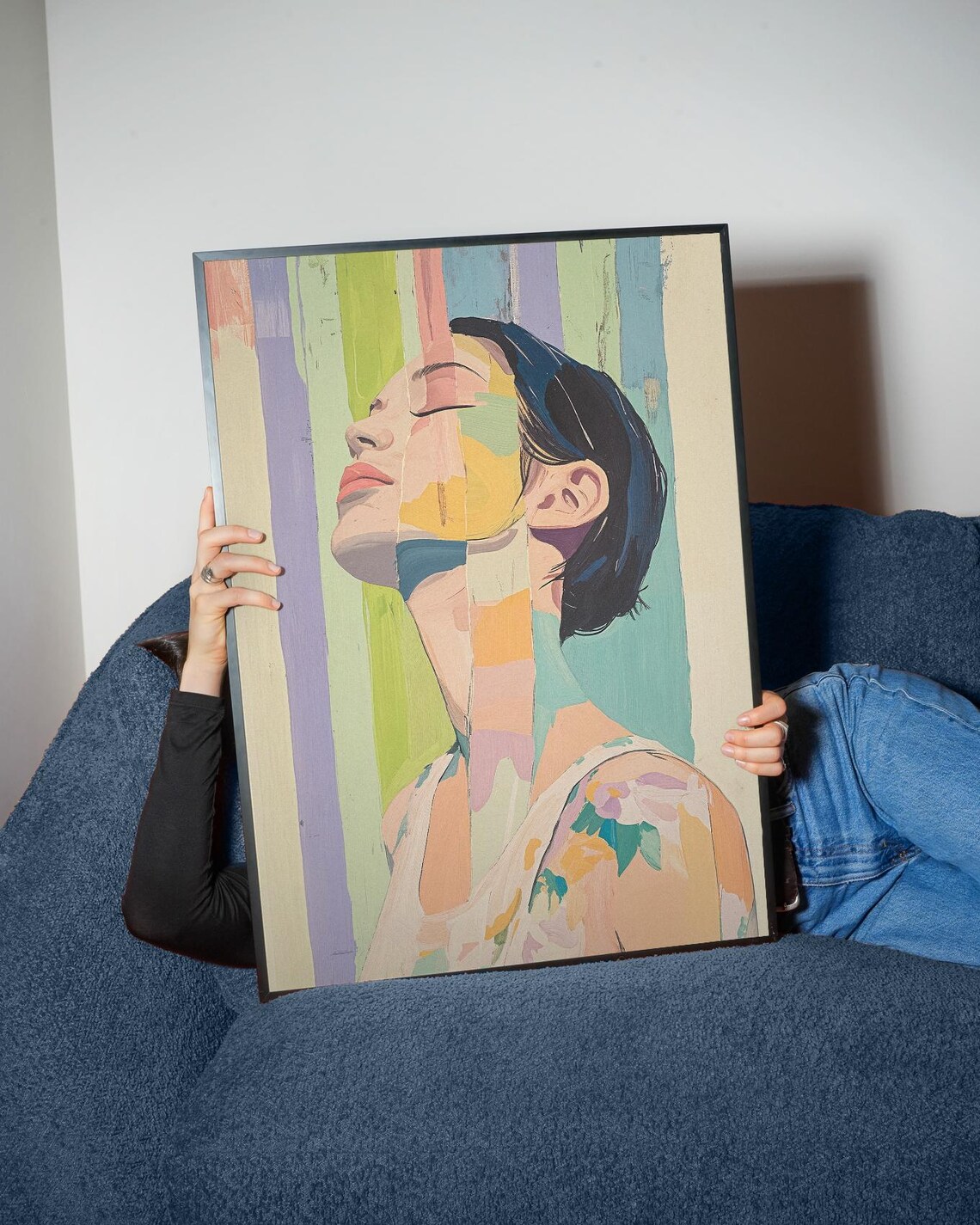Striped Woman Portrait Abstract Art Print Pastel Rainbow Painting