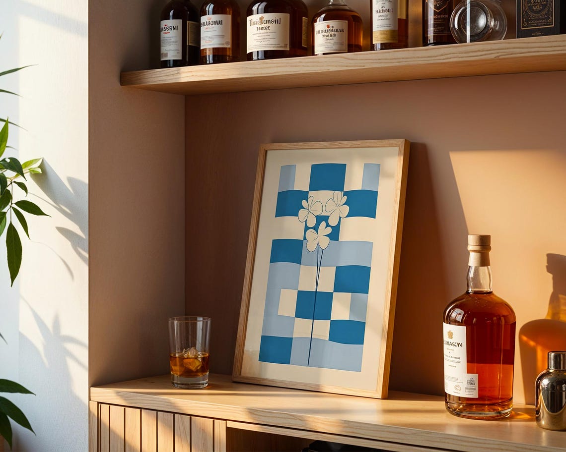 Retro Geometric Floral Blue Checkerboard Mid Century Wall Poster - Image 5
