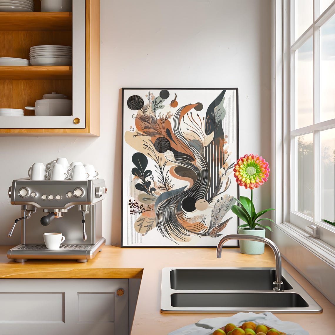 Orange Black Organic Swirl Botanical Flowing Abstract Art Poster - Image 3