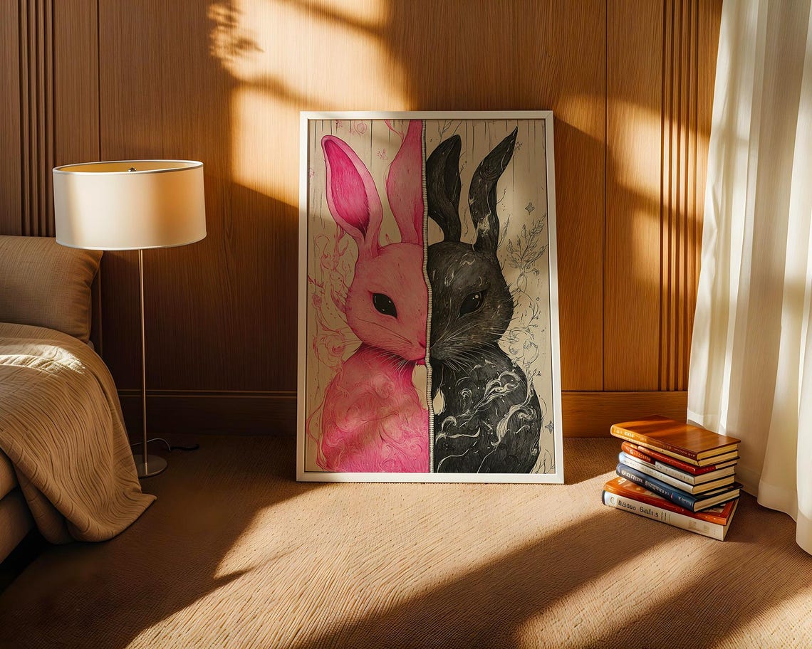 Split Pink Black Rabbit Zipper Surreal Duality Bunny Art Poster - Image 4