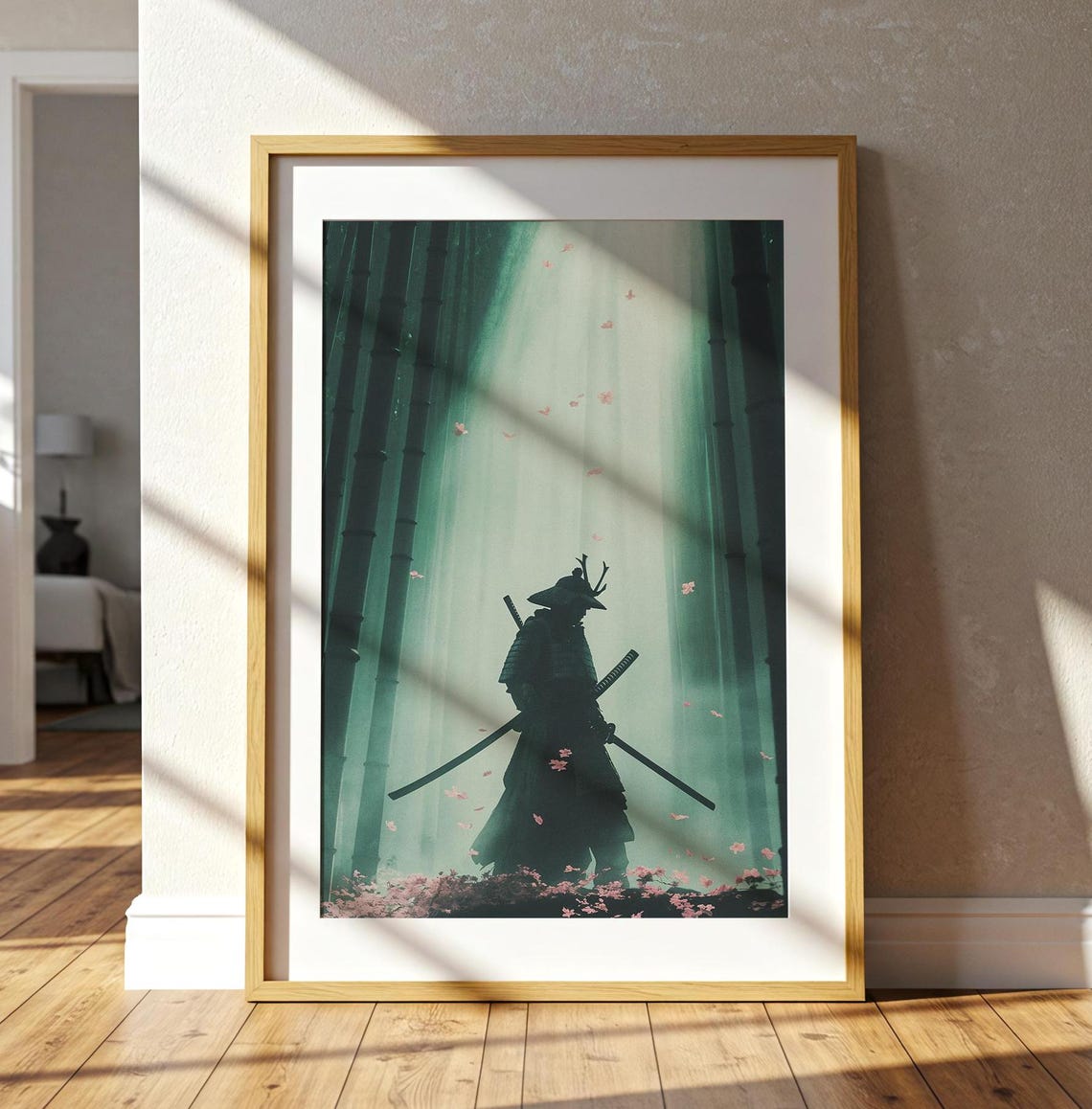 Samurai Bamboo Forest Mist Petals Warrior Silhouette Japan Art Poster