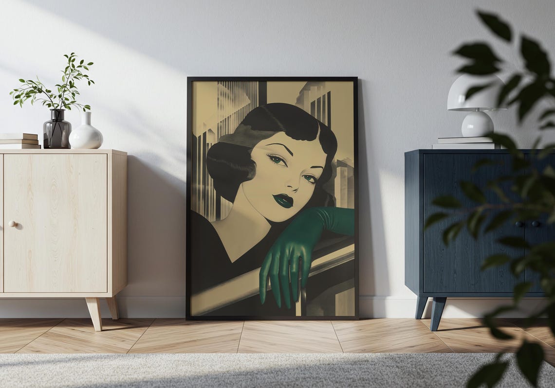 Glam Retro Woman Art Print Deco Portrait Poster Vintage Noir Wall Decor - Image 2