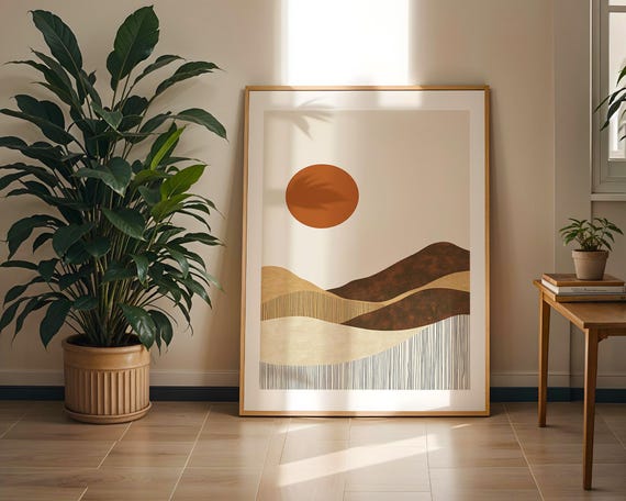 Minimalist Sunset Mountain Art Print Japandi Landscape Wall Earthy Boho Poster Modern Nature Home Decor