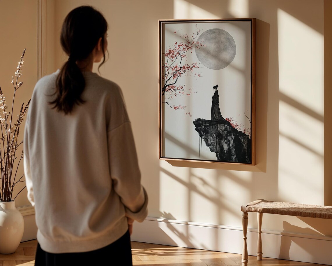 Japanese Moon Samurai Woman Art Print, Zen Minimalist - Image 3