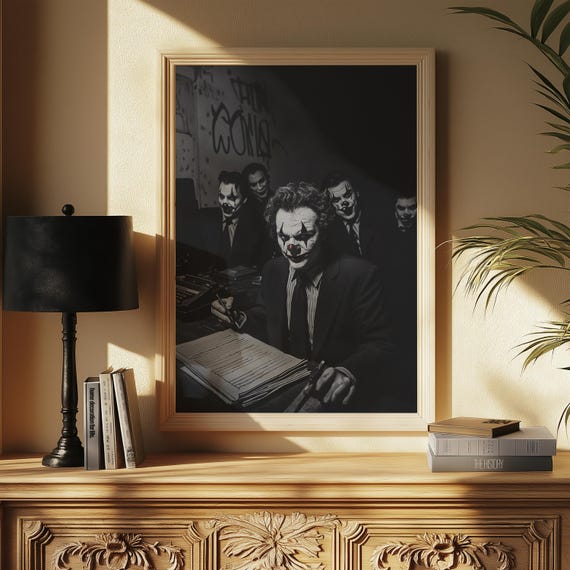 Clown Business Meeting Art Print Gothic Office Poster Eerie Figures Wall