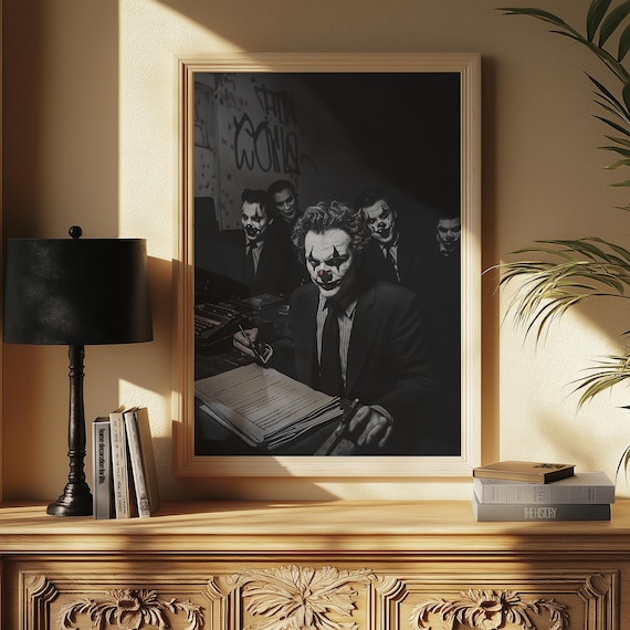 Dark Surreal Clown Businessmen in a Goth Office Meeting Room Poster