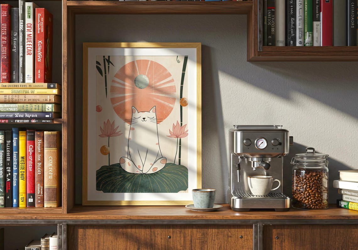 White Spotted Cat Meditating on a Lotus Leaf Under a Peach Sun Poster - Image 4