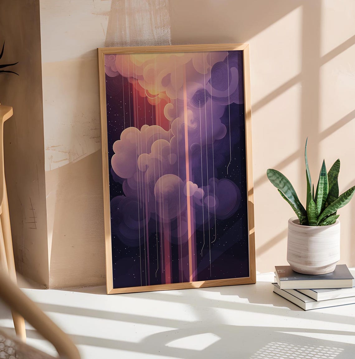 Purple Rain Clouds Cosmic Light Streaks Surreal Dreamy Poster