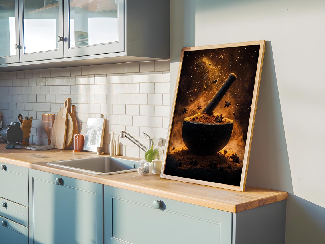 Mortar and Pestle Spices Star Anise Dark Moody Kitchen Art Poster - Image 2