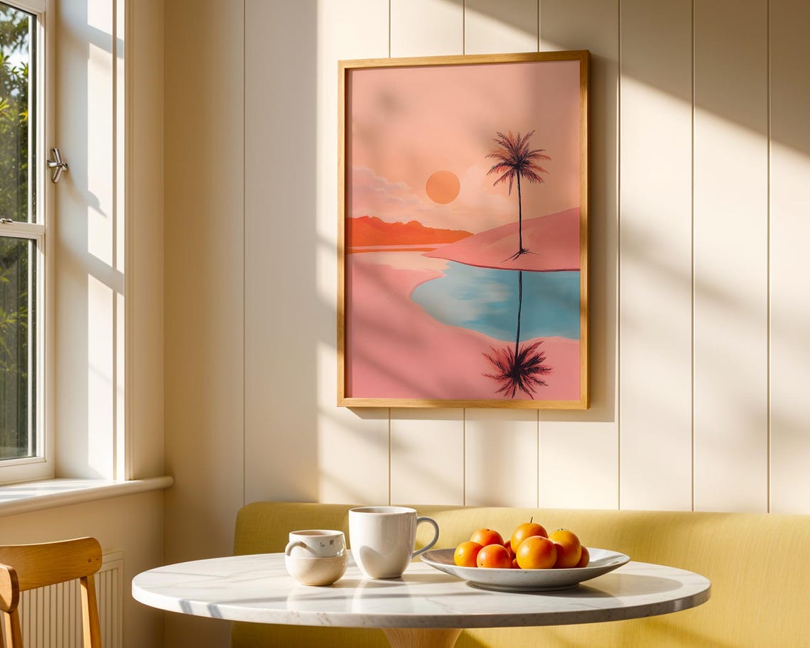 Retro Desert Palm Sunset Reflection Pastel Travel Wall Poster - Image 5