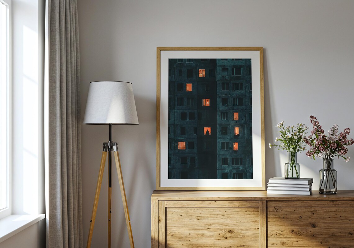 Silhouette Figure Glowing Orange Windows Night Apartment Urban Poster - Image 3