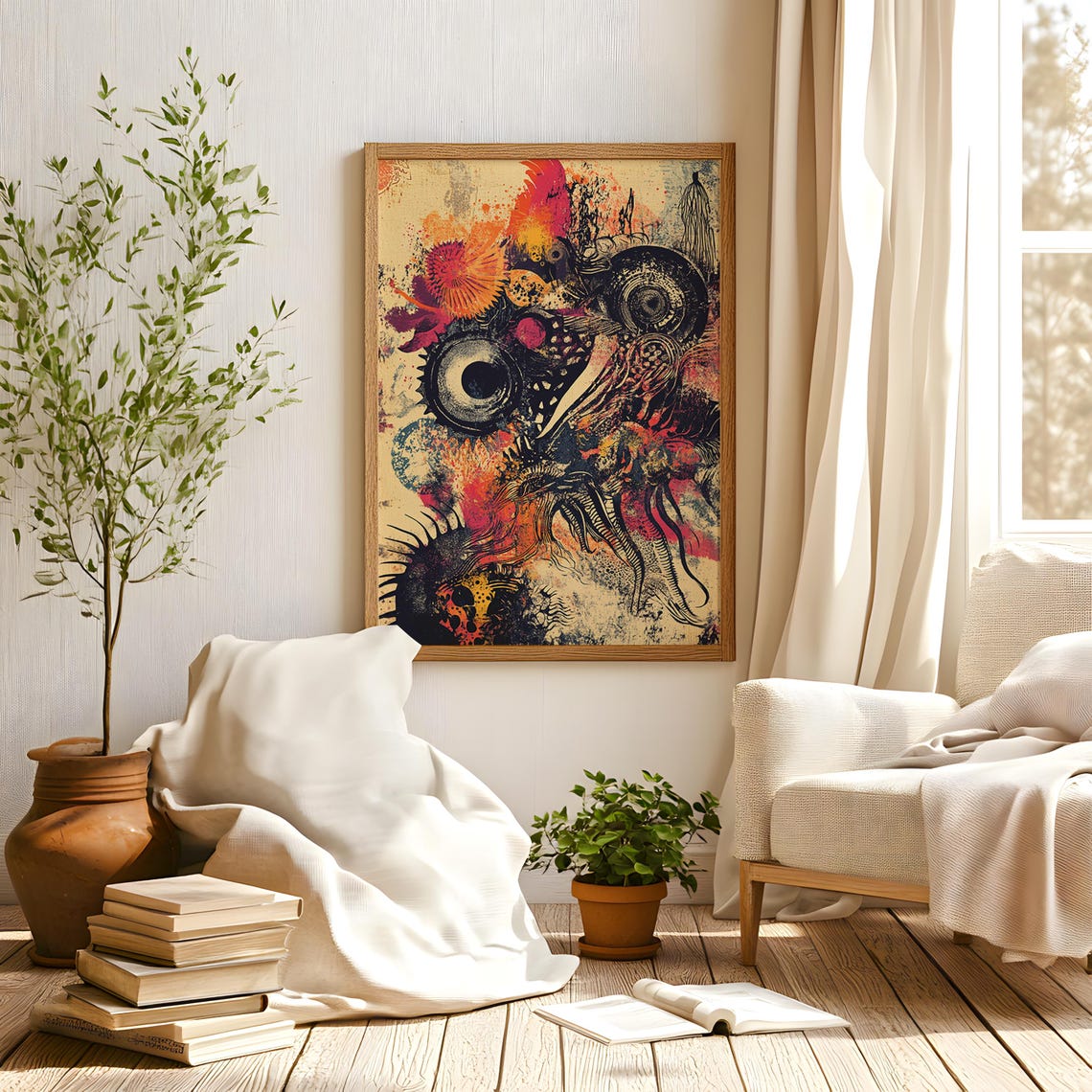 Surreal Grunge Eye Collage Art Poster Coral Black Modern Decor - Image 4