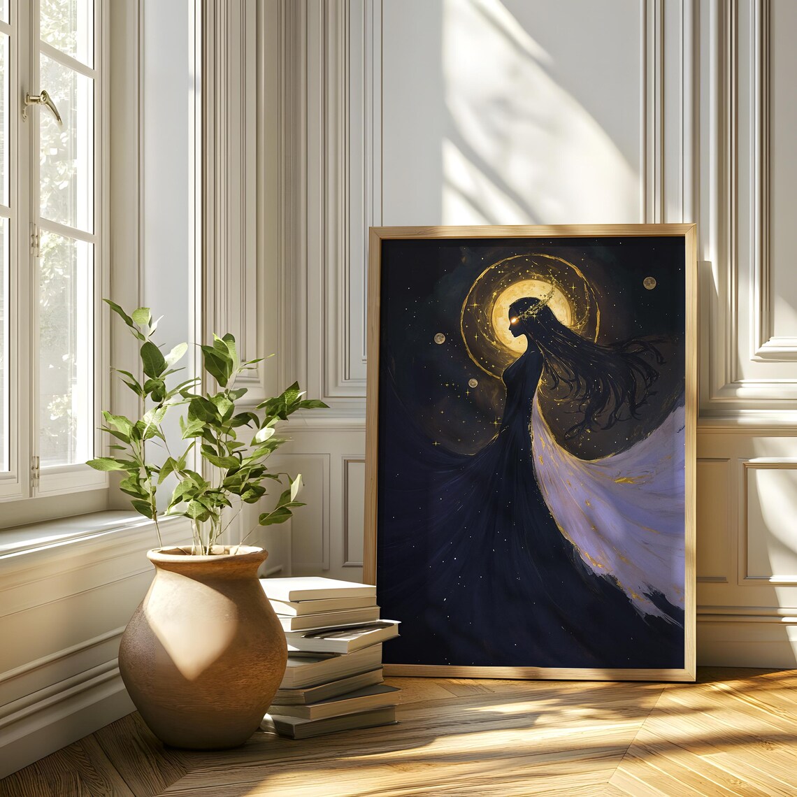 Celestial Golden Moon Halo Woman Starry Night Fantasy Art Poster - Image 4