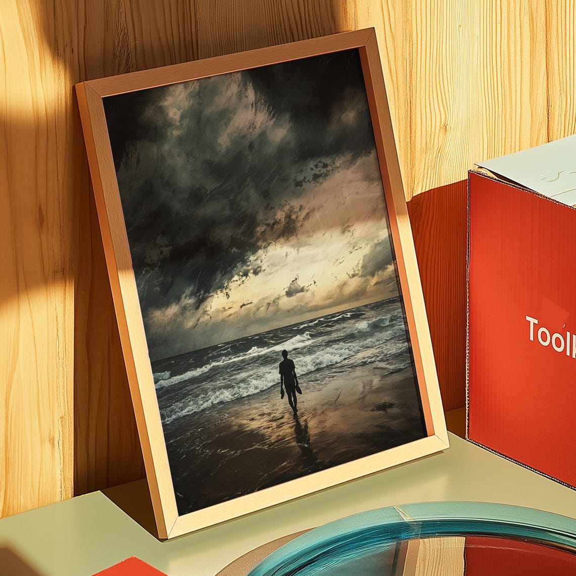 Stormy Beach Walk Lone Figure Moody Ocean Sunset Dramatic Art Poster - Image 2