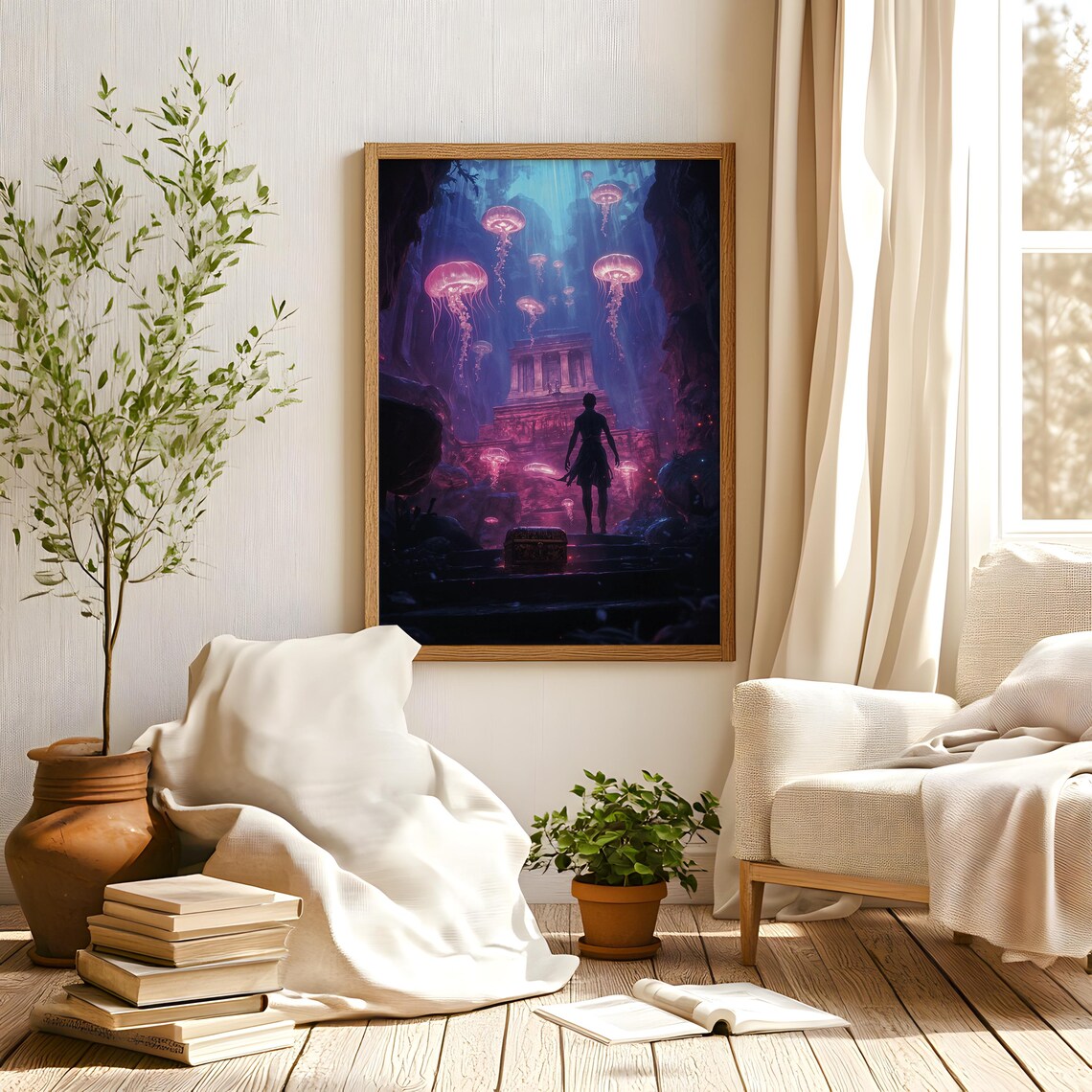 Glowing Pink Jellyfish Underwater Temple Diver Fantasy Adventure Poster - Image 5