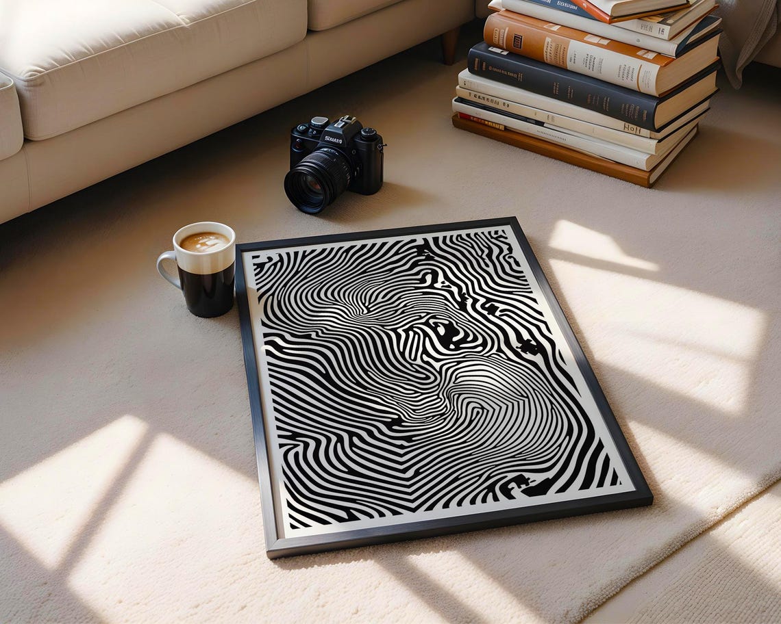 Black White Zebra Optical Illusion Waves Modern Line Art Poster - Image 5
