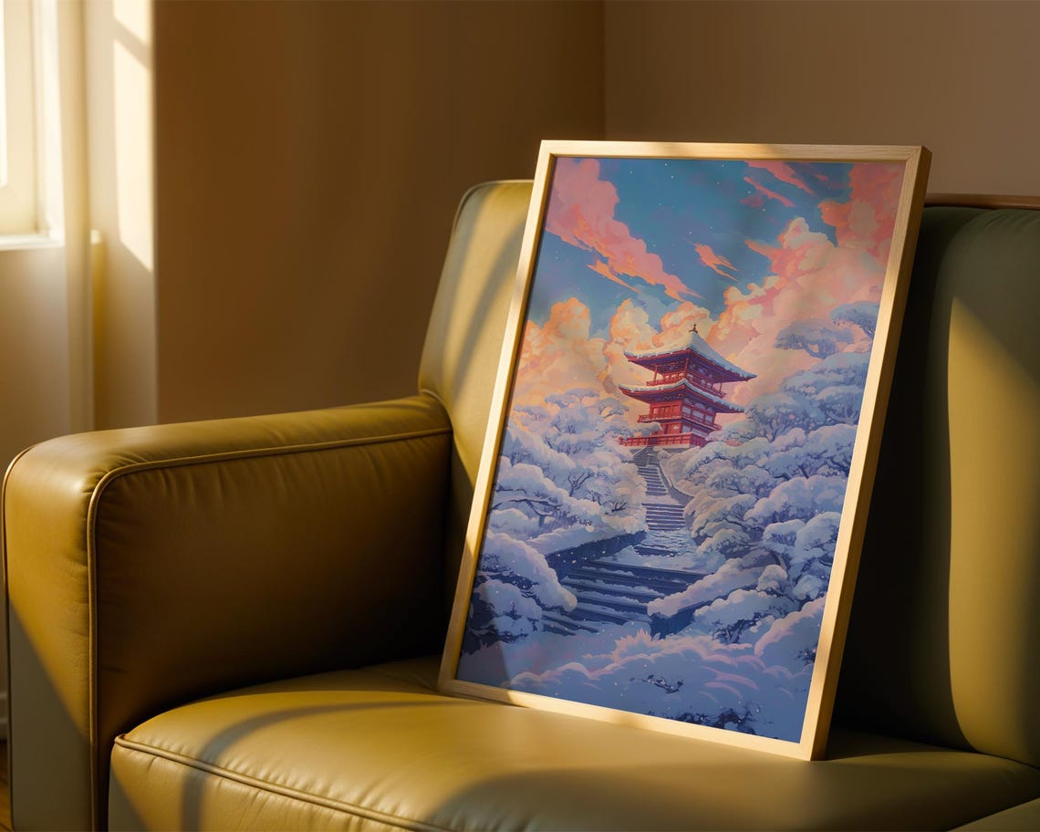 Red Pagoda Above Clouds Stone Steps Pink Sky Anime Landscape Poster - Image 3