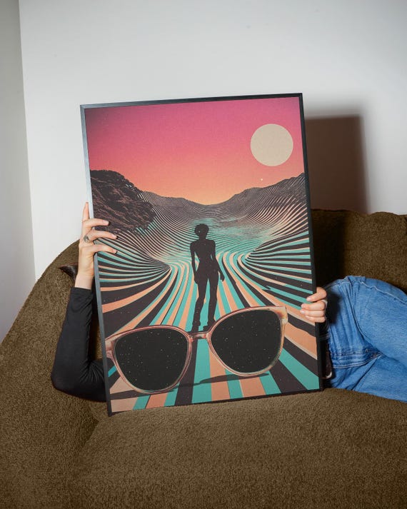 Sunglass Mirage Art Print Retro Desert Stripes Cosmic Figure Trippy Surreal Wall Decor