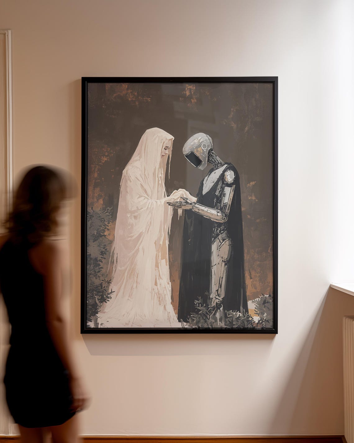 Ghostly Veiled Figure Holding Hands with a Cloaked Robot Art Poster - Image 4