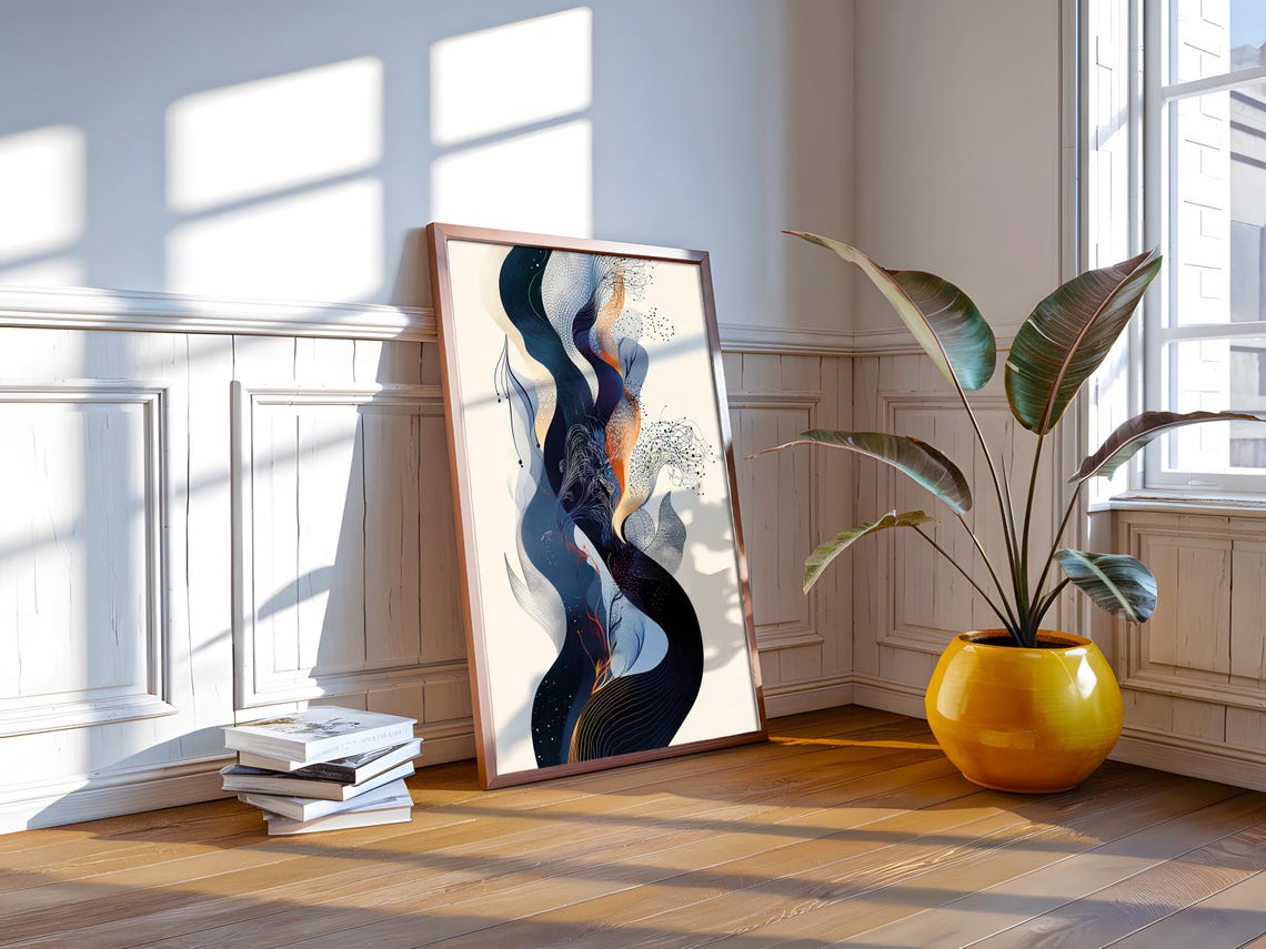 Boho Flow Abstract Blue Ribbon Cream Minimal Modern Wave Art Poster - Image 2