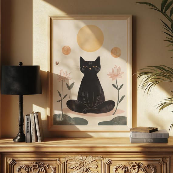 Zen Cat Art Print Tranquil Meditation Poster Peaceful Wall
